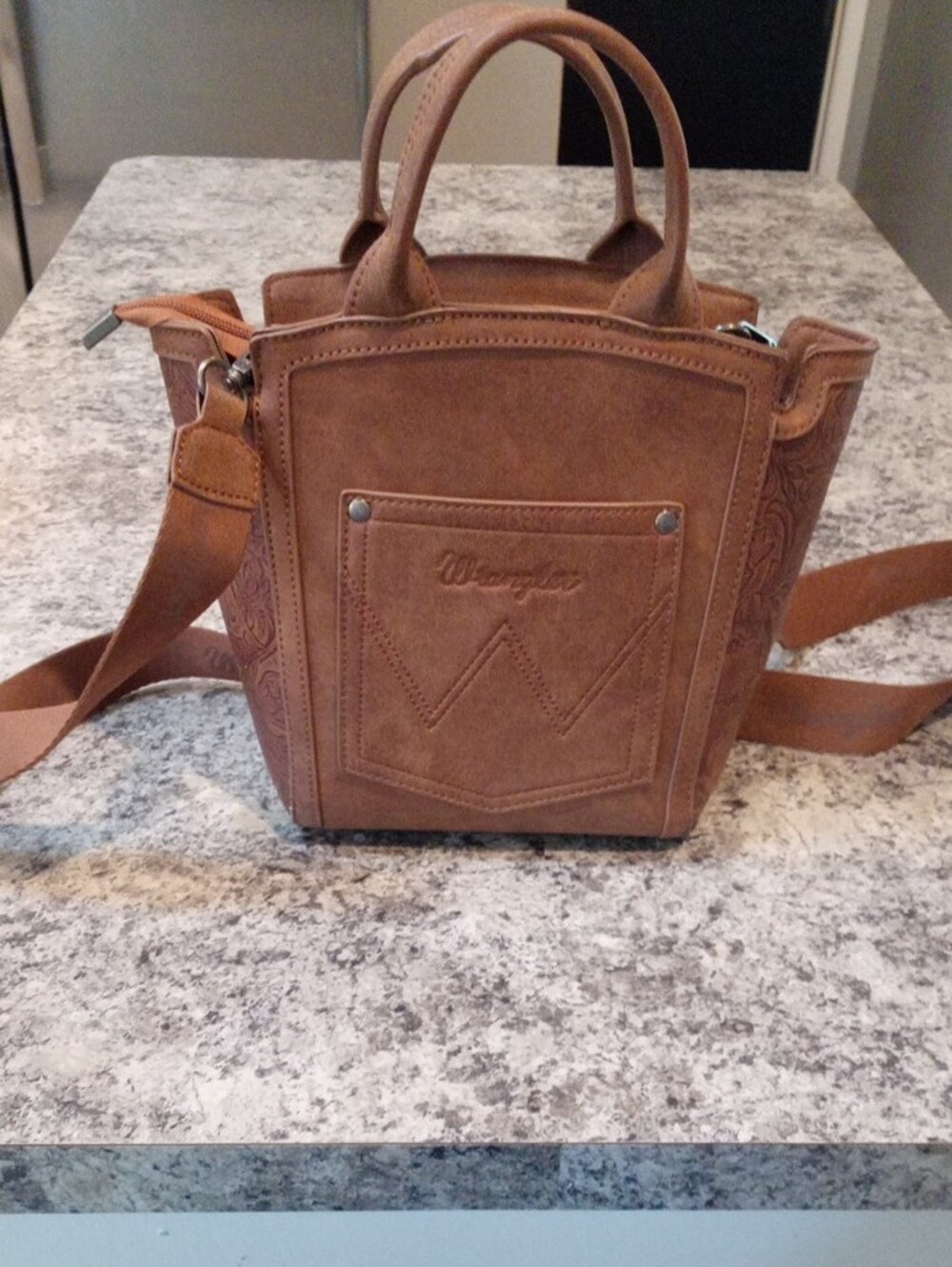 Wrangler Tan Brown Embroidered Crossbody Satchel - Picture 2 of 10